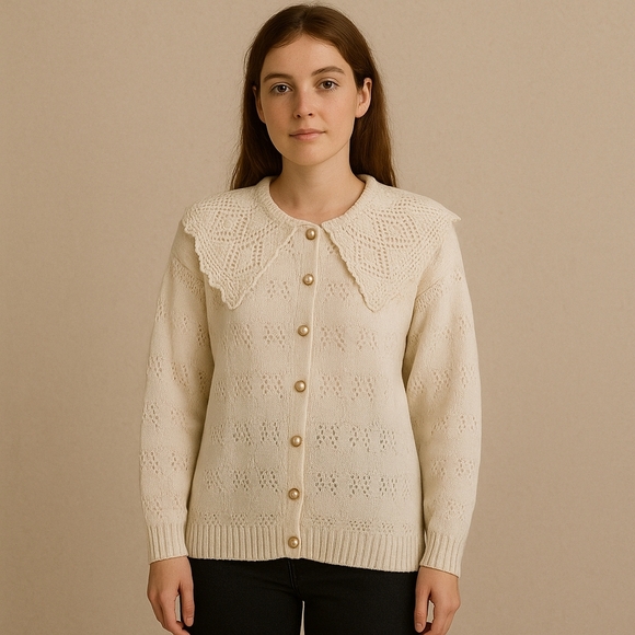 Crochet Peter Pan Button Up Cardigan White - Picture 1 of 14